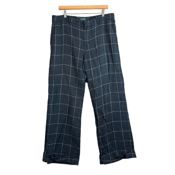 LRL Ralph Lauren Gray 14 Linen Windowpane Plaid Cuffed Lined Pants Straight Let - Picture 3 of 11